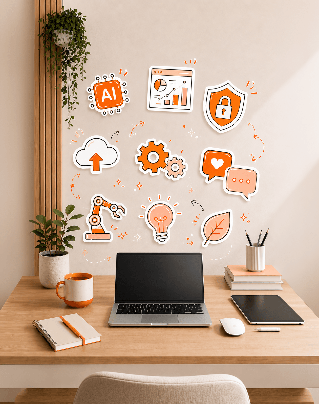Article post image Illustration με λαπτοπ σε γραφείο και icons που δείχνουν τα επαγγέλματα του μέλλοντος