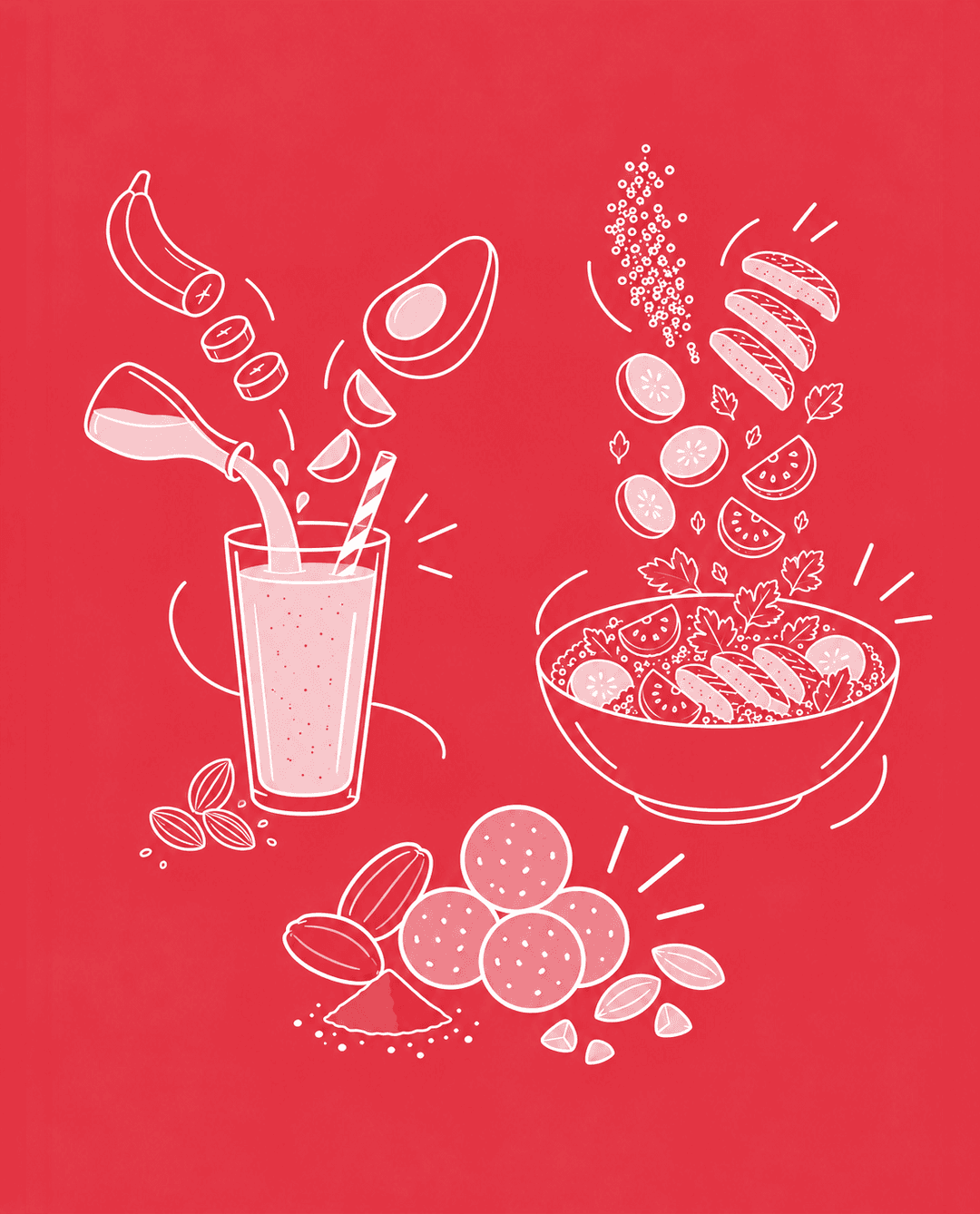 Εικονογράφηση σε κόκκινο φόντο με ένα smoothie, μια σαλάτα και γλυκές μπουκίτσες, πλαισιωμένα από φρούτα, λαχανικά και ξηρούς καρπούς.
