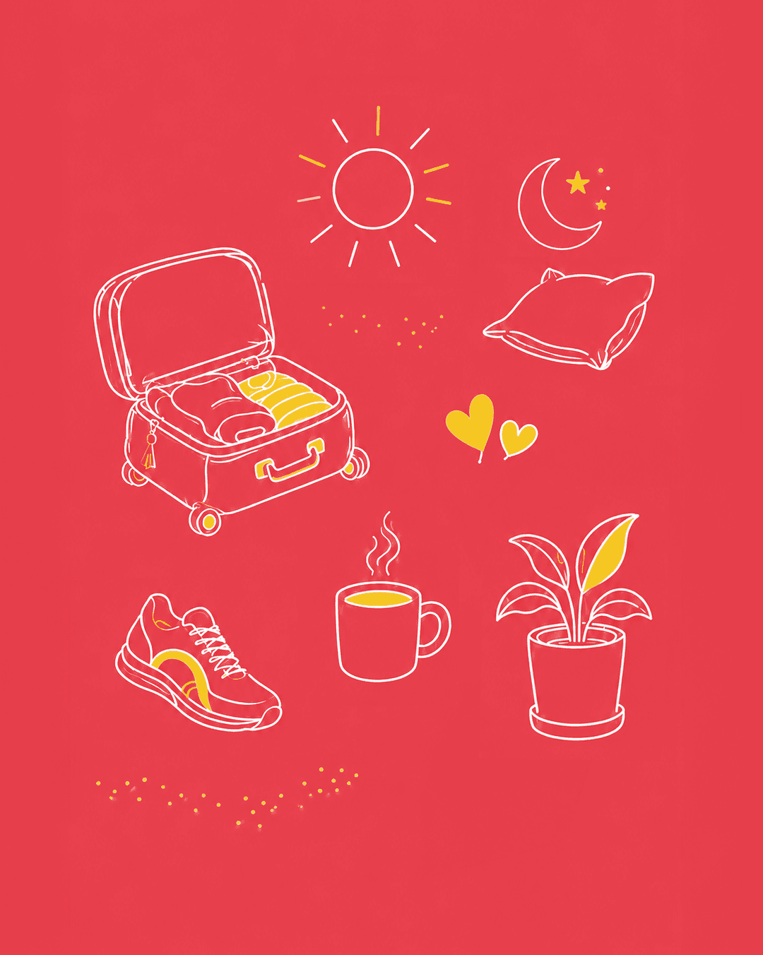 Illustration που δείχνει με icons τα διάφορα συστατικά της ευτυχίας όπως αθλητικό παπούτσι, καφές, ύπνος. 